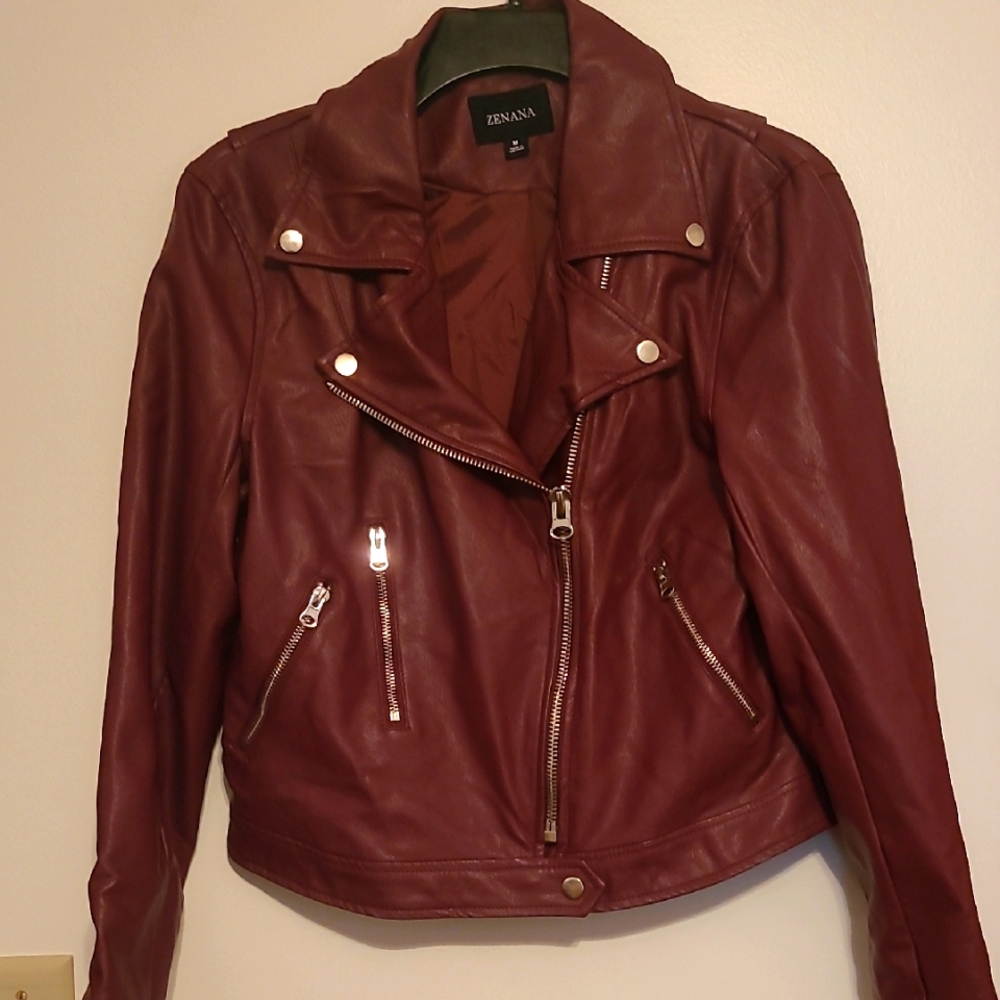 Zenana Dark Burgundy Faux Leather Asymetrical Zip Jacket Sz M